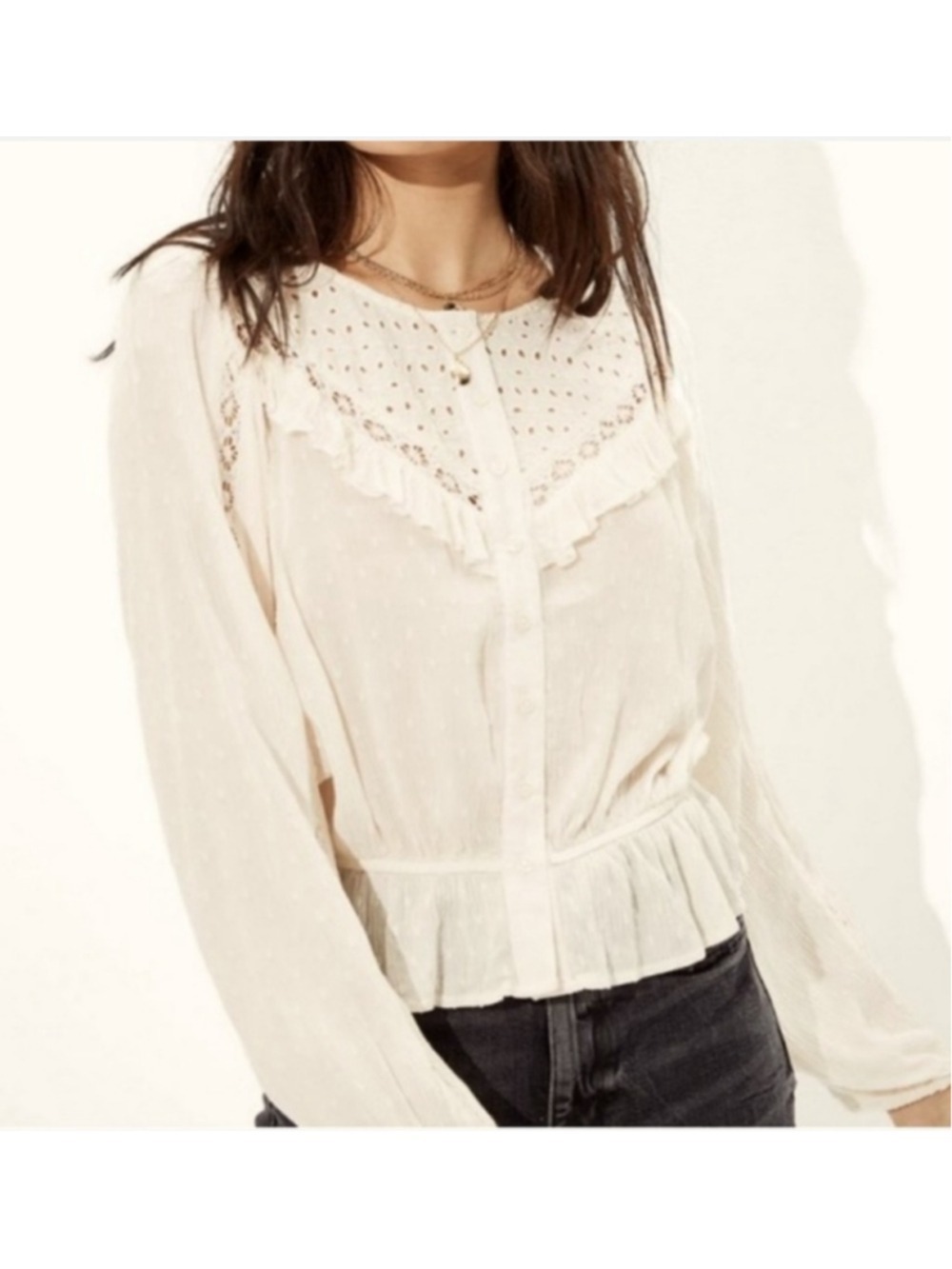 Women's American Eagle Off-White Eyelet Ruffle Gauzy Boho Peasant Blouse L